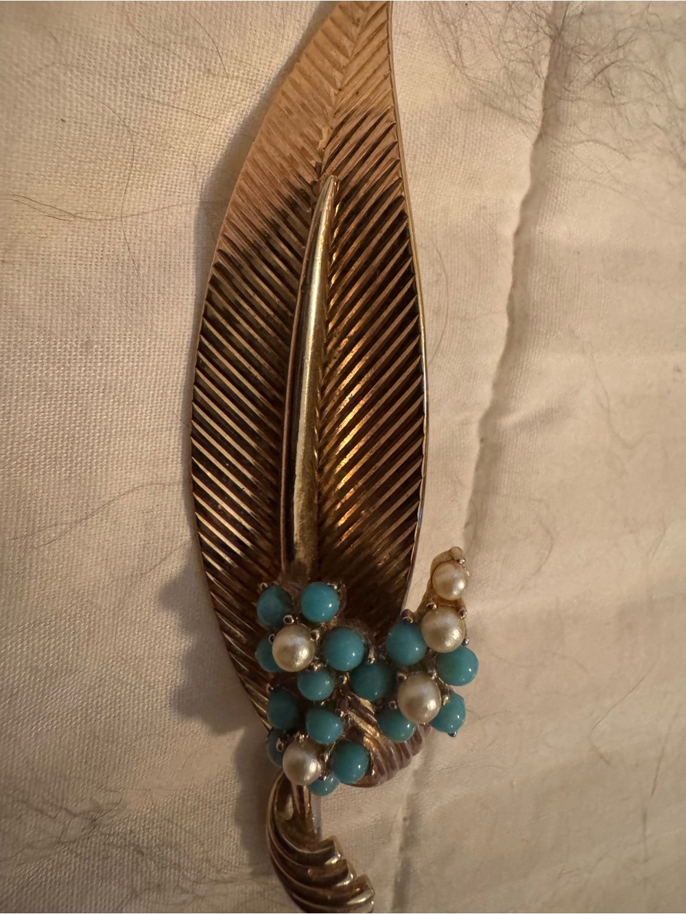 Boucher stamped Gold Leaf Brooch with Turquoise Beads and Pearls vintage!